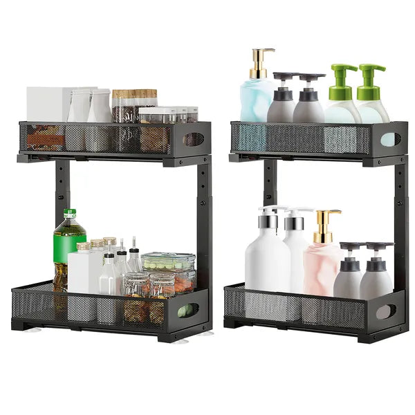 2Pcs Under Sink Organizer 2 Tier Pull Out Cabinet Baskets Storage Shelf Sliding Storage Drawers Rack With 5 Adjustable Height Mesh Baskets For Home Kitchen Bathroom Office