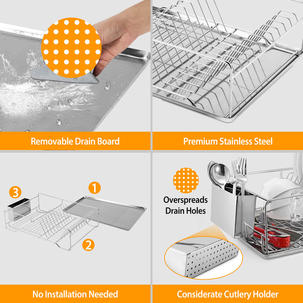 2 Size Optional Dish Drying Rack Stainless Steel Dish Rack With Drainboard Cutlery Holder Kitchen Dish Organizer
