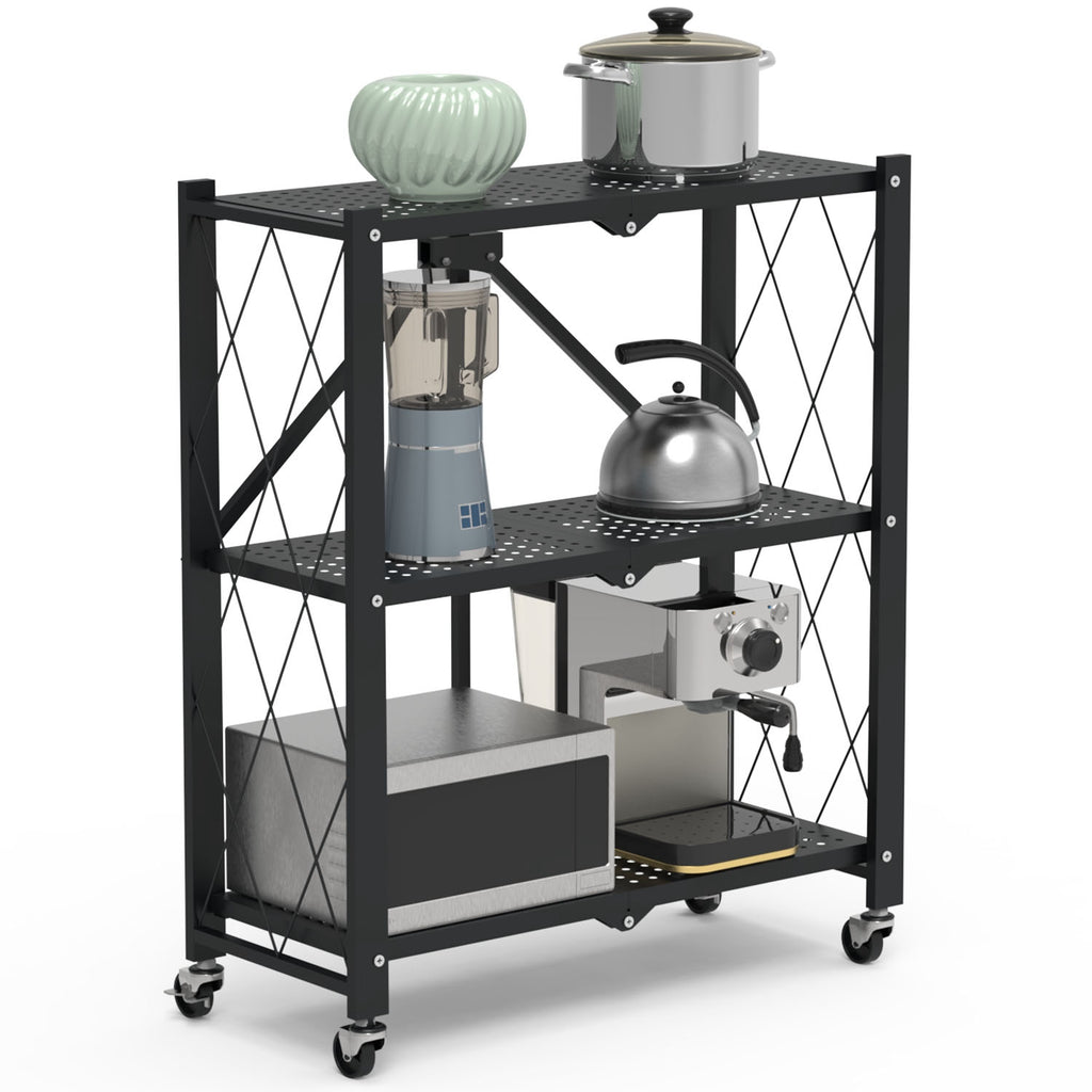 1Pc 3Tier Foldable Storage Shelf With Lockable Wheels No Assembly Rolling Utility Shelf Heavy Duty Collapsible Organizer Rack For Kitchen Living Room Basement Pantry Bedroom