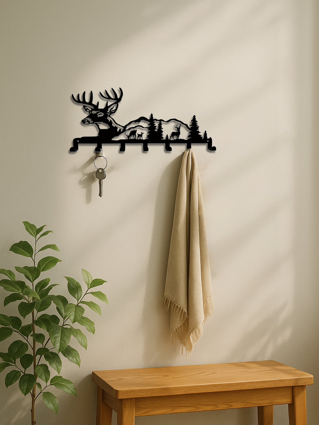 Deer And Forest Metal Key Hook - Nature-Themed Wall Organizer For Entryway Decor