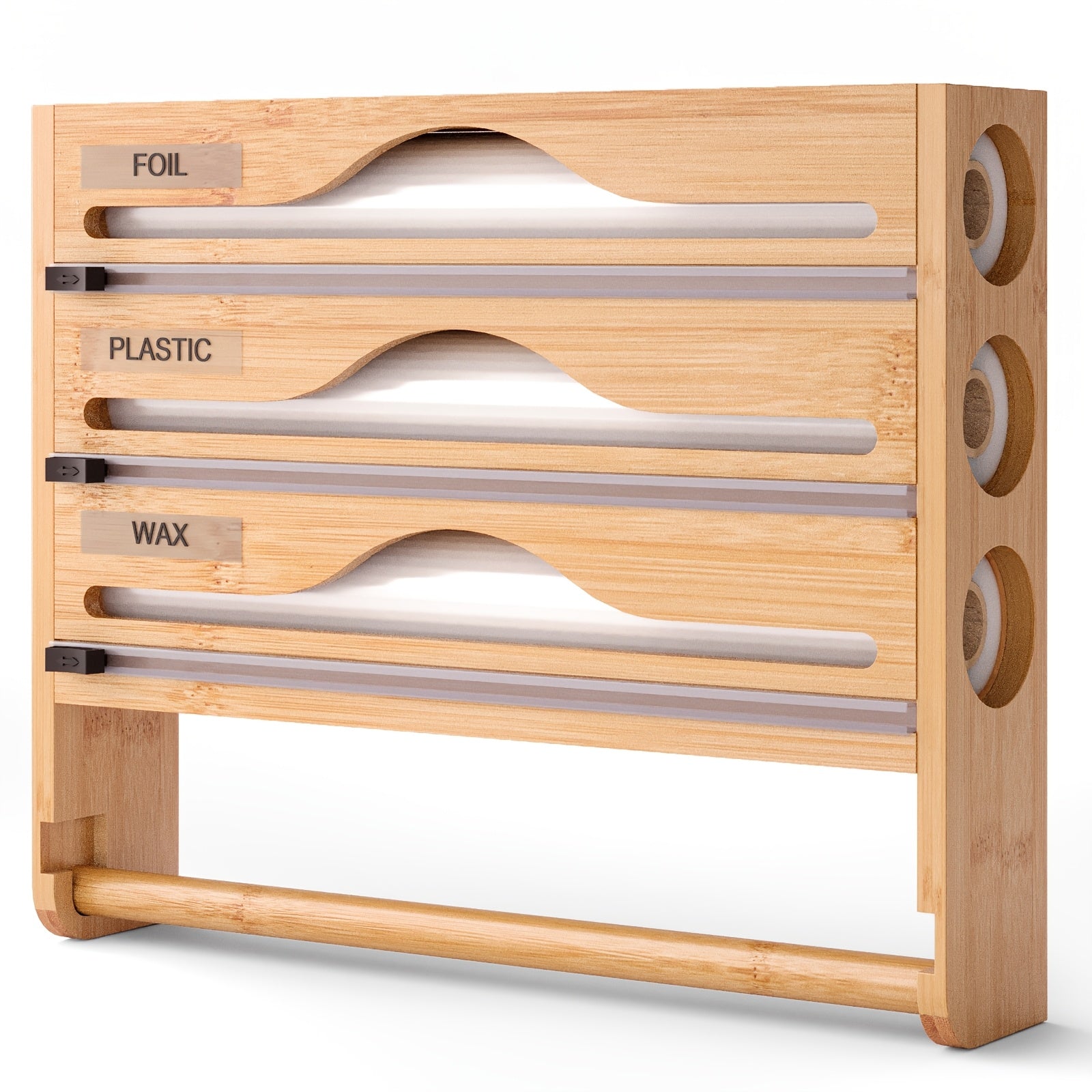 A Bamboo Cling Film Cutter With A Tissue Holder, A Wall-Mounted Foil Cutter For The Kitchen, A Three-Compartment Cutter, And A Paper Storage Rack.