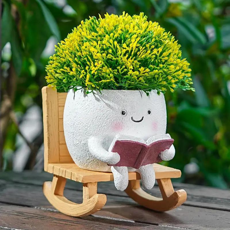 2 Pieces Of Cute Character Reading Rocking Chair Resin Flower Pots Indoor And Outdoor Plant Decoration Vase Home Flower Gift