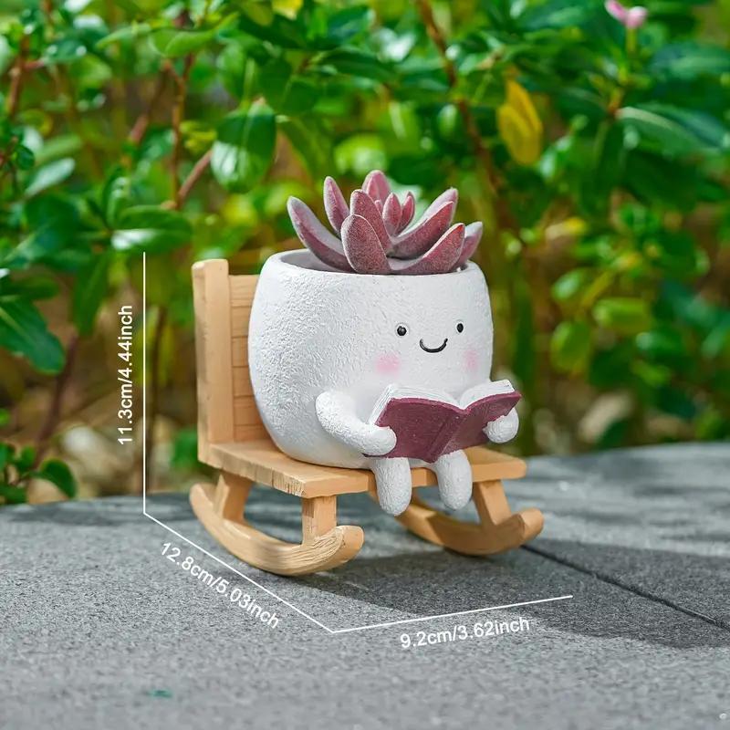 2 Pieces Of Cute Character Reading Rocking Chair Resin Flower Pots Indoor And Outdoor Plant Decoration Vase Home Flower Gift