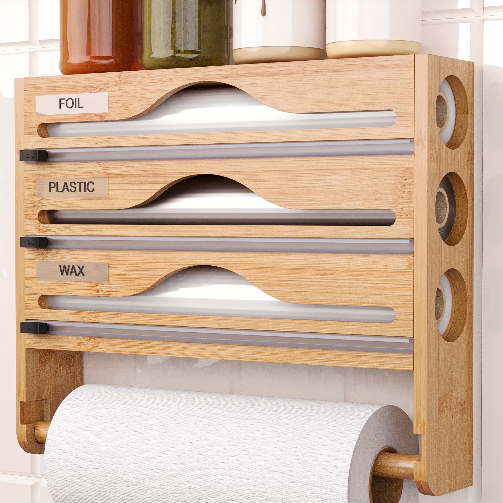 A Bamboo Cling Film Cutter With A Tissue Holder, A Wall-Mounted Foil Cutter For The Kitchen, A Three-Compartment Cutter, And A Paper Storage Rack.