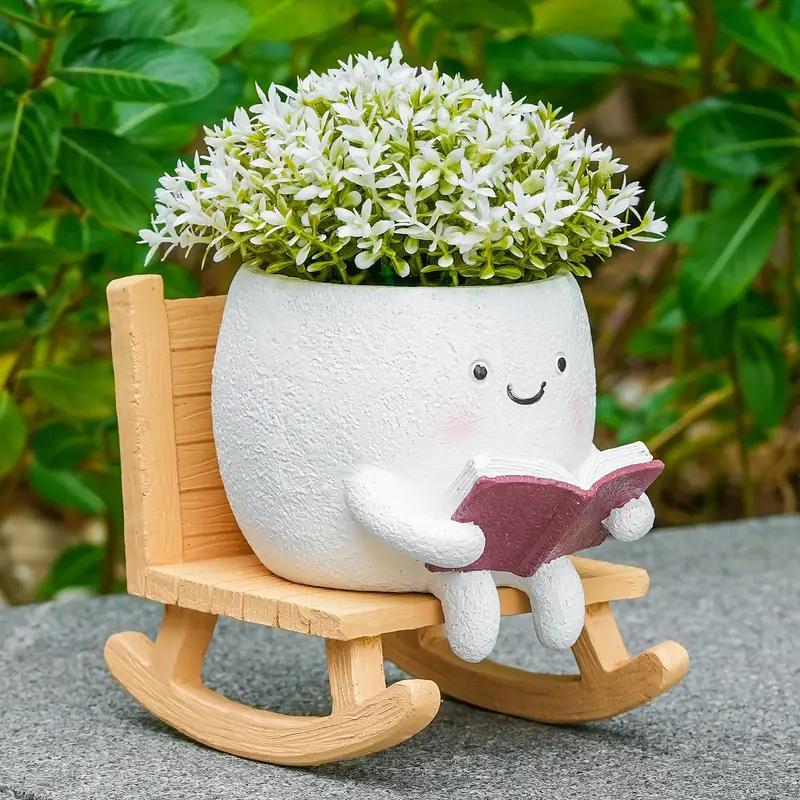 2 Pieces Of Cute Character Reading Rocking Chair Resin Flower Pots Indoor And Outdoor Plant Decoration Vase Home Flower Gift