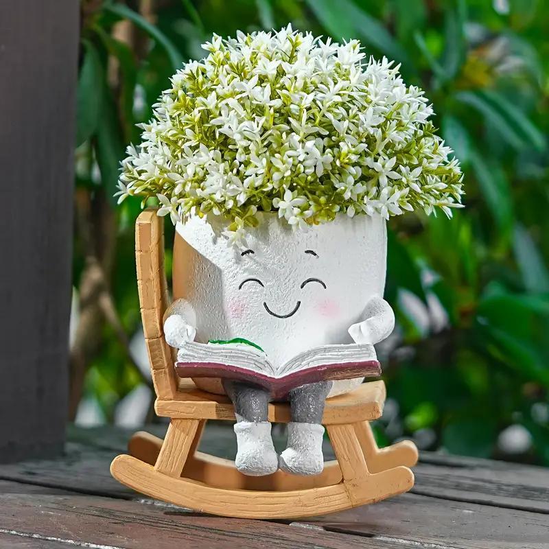 2 Pieces Of Cute Character Reading Rocking Chair Resin Flower Pots Indoor And Outdoor Plant Decoration Vase Home Flower Gift