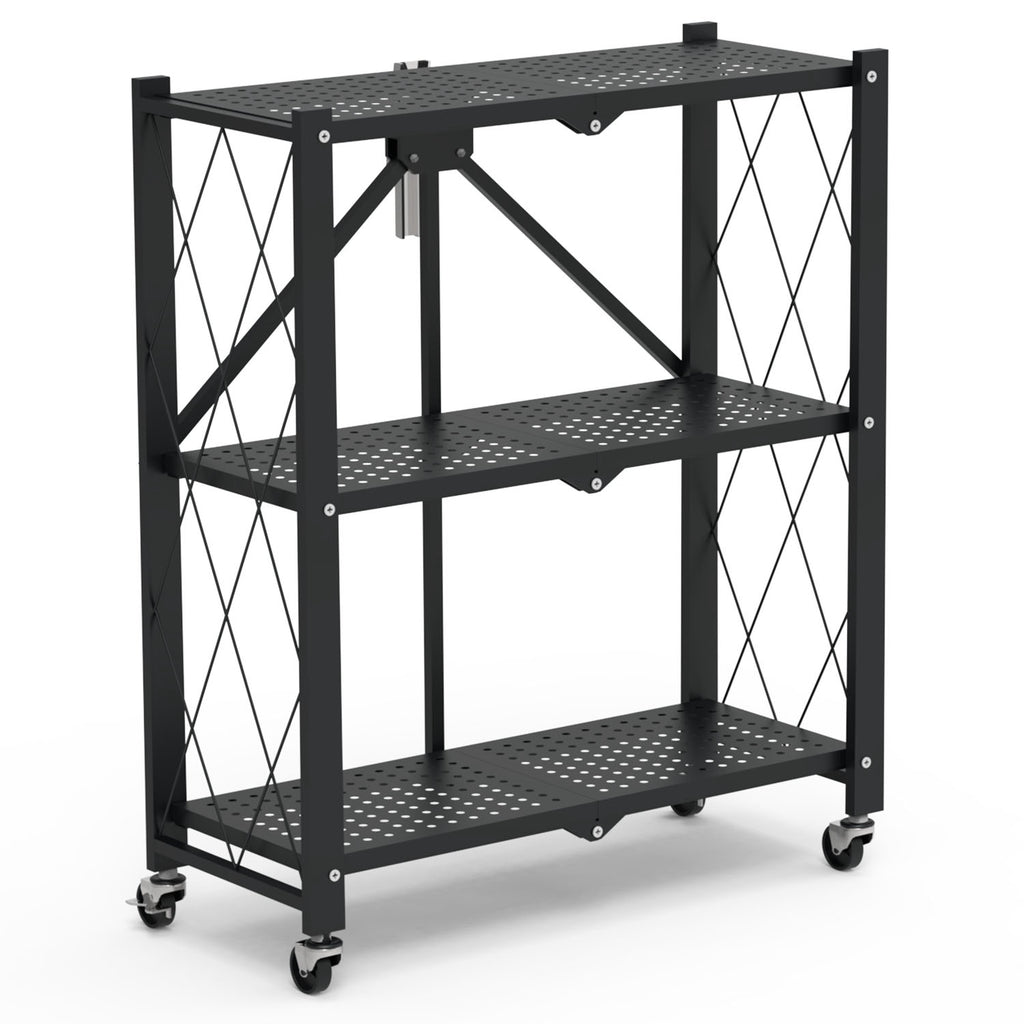 1Pc 3Tier Foldable Storage Shelf With Lockable Wheels No Assembly Rolling Utility Shelf Heavy Duty Collapsible Organizer Rack For Kitchen Living Room Basement Pantry Bedroom