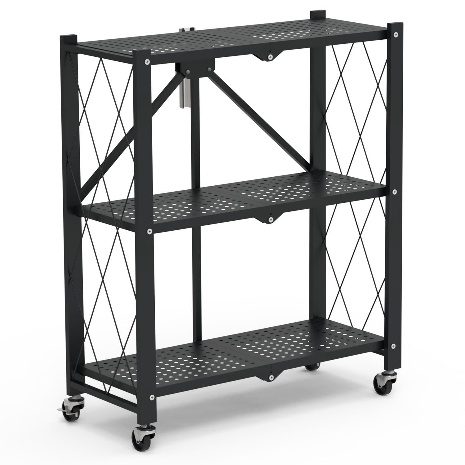 1Pc 3Tier Foldable Storage Shelf With Lockable Wheels No Assembly Rolling Utility Shelf Heavy Duty Collapsible Organizer Rack For Kitchen Living Room Basement Pantry Bedroom