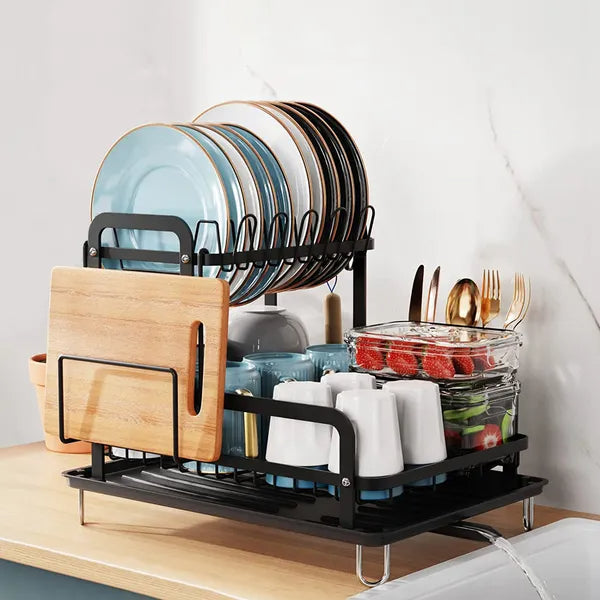 2-Tier Dish Drying Rack For Kitchen Counter Space Saving Rustproof Dish Rack With Drainboard Detachable Kitchen Drainer Organizer Set