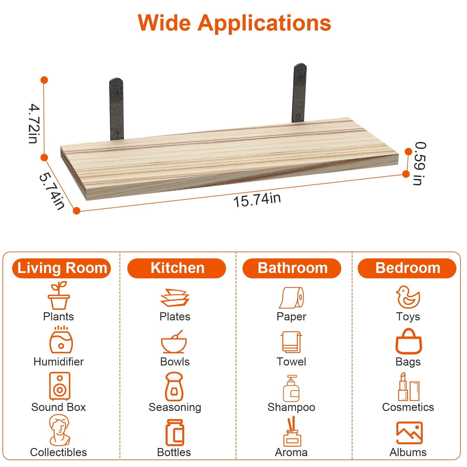 6 Sets Floating Shelves 15.74x5.74Inch Wall Mounted Shelves Wood Storage Shelves Metal Bracket Hanging Display Shelf Wall Organizer For Living Room Bathroom Kitchen Decor