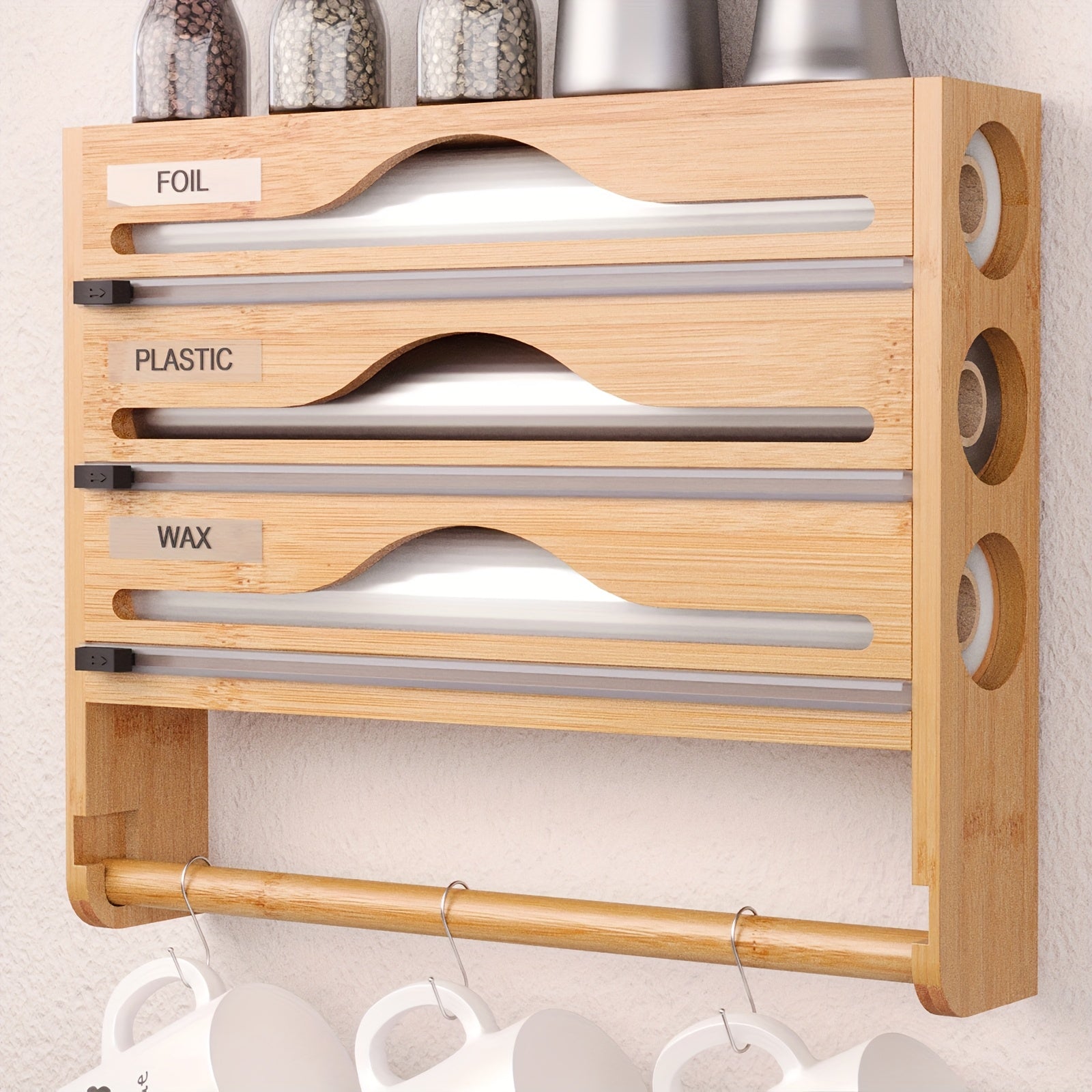 A Bamboo Cling Film Cutter With A Tissue Holder, A Wall-Mounted Foil Cutter For The Kitchen, A Three-Compartment Cutter, And A Paper Storage Rack.