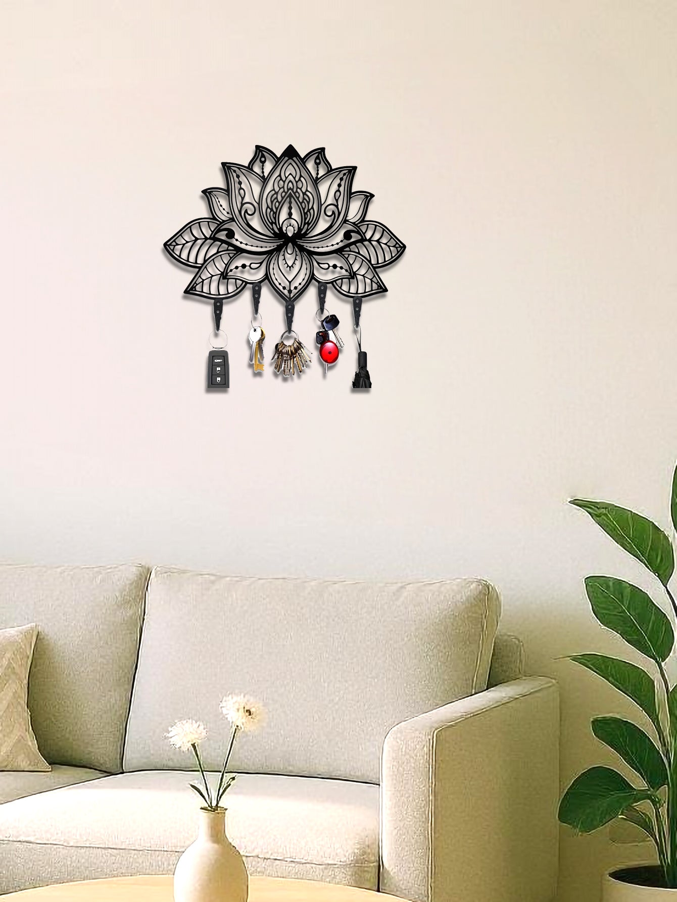Modern Lotus Key Holder Wall Mount,Stylish Entryway Organizer With Coat&Hat Hook