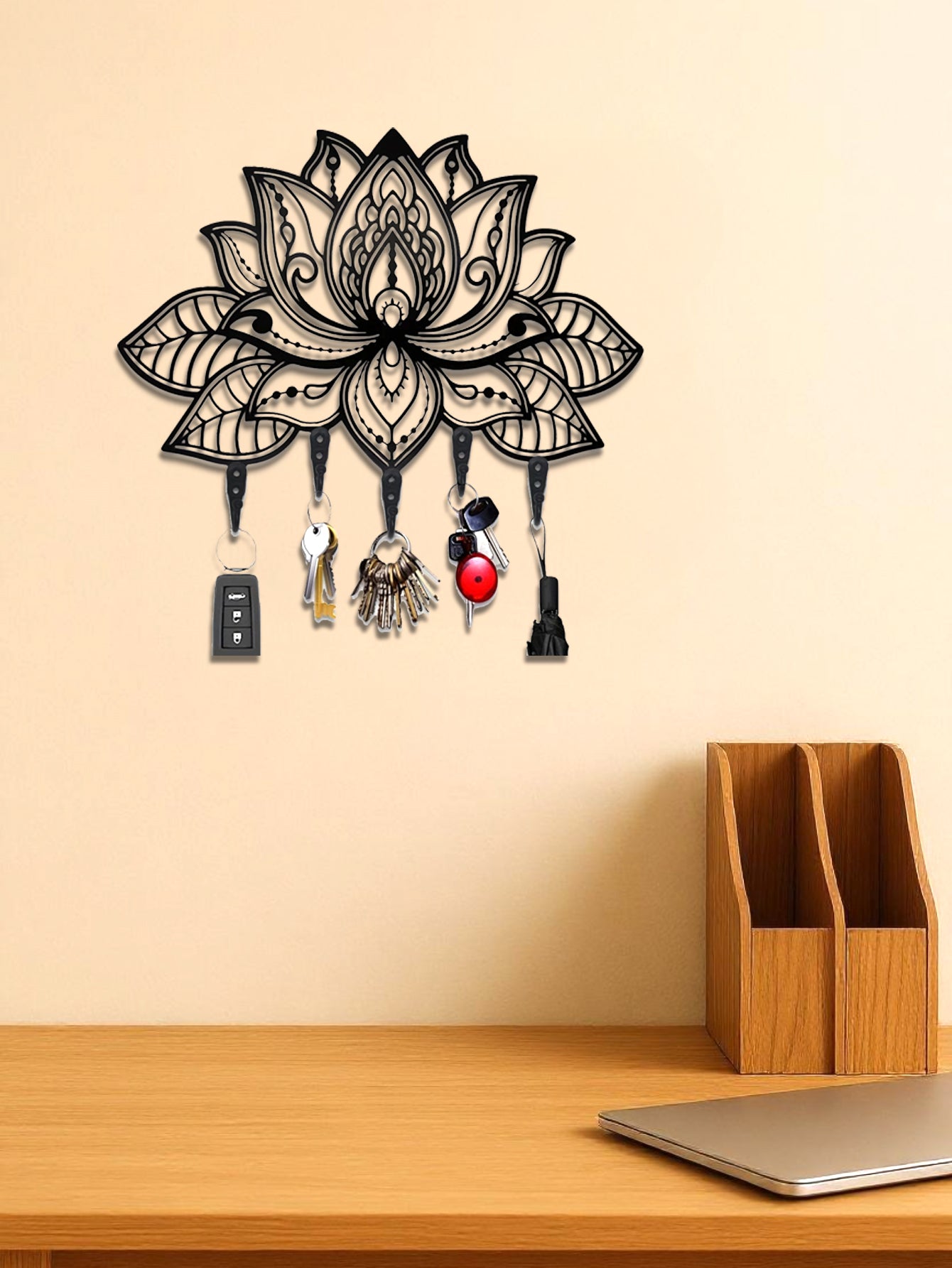 Modern Lotus Key Holder Wall Mount,Stylish Entryway Organizer With Coat&Hat Hook