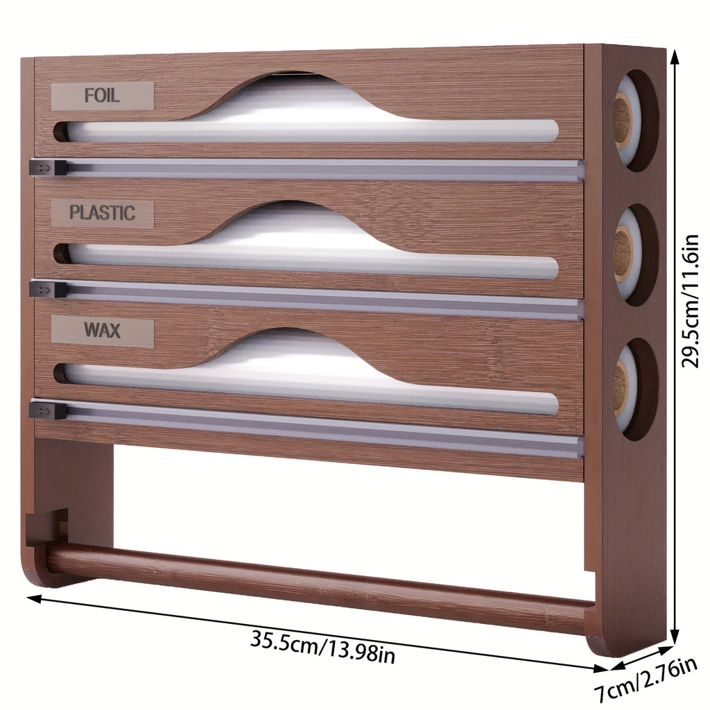 A Bamboo Cling Film Cutter With A Tissue Holder, A Wall-Mounted Foil Cutter For The Kitchen, A Three-Compartment Cutter, And A Paper Storage Rack.