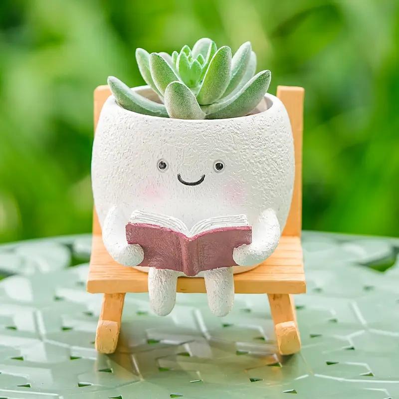 2 Pieces Of Cute Character Reading Rocking Chair Resin Flower Pots Indoor And Outdoor Plant Decoration Vase Home Flower Gift