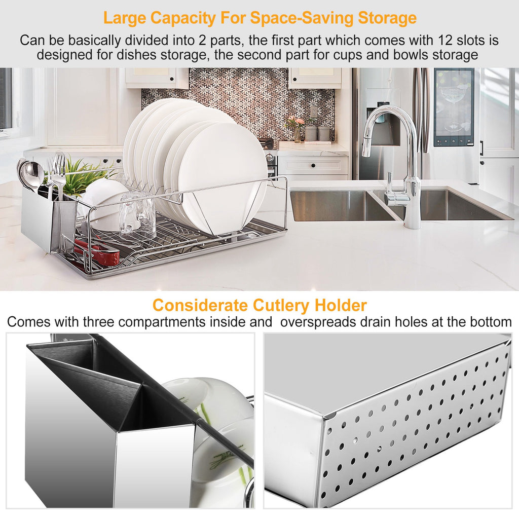 2 Size Optional Dish Drying Rack Stainless Steel Dish Rack With Drainboard Cutlery Holder Kitchen Dish Organizer