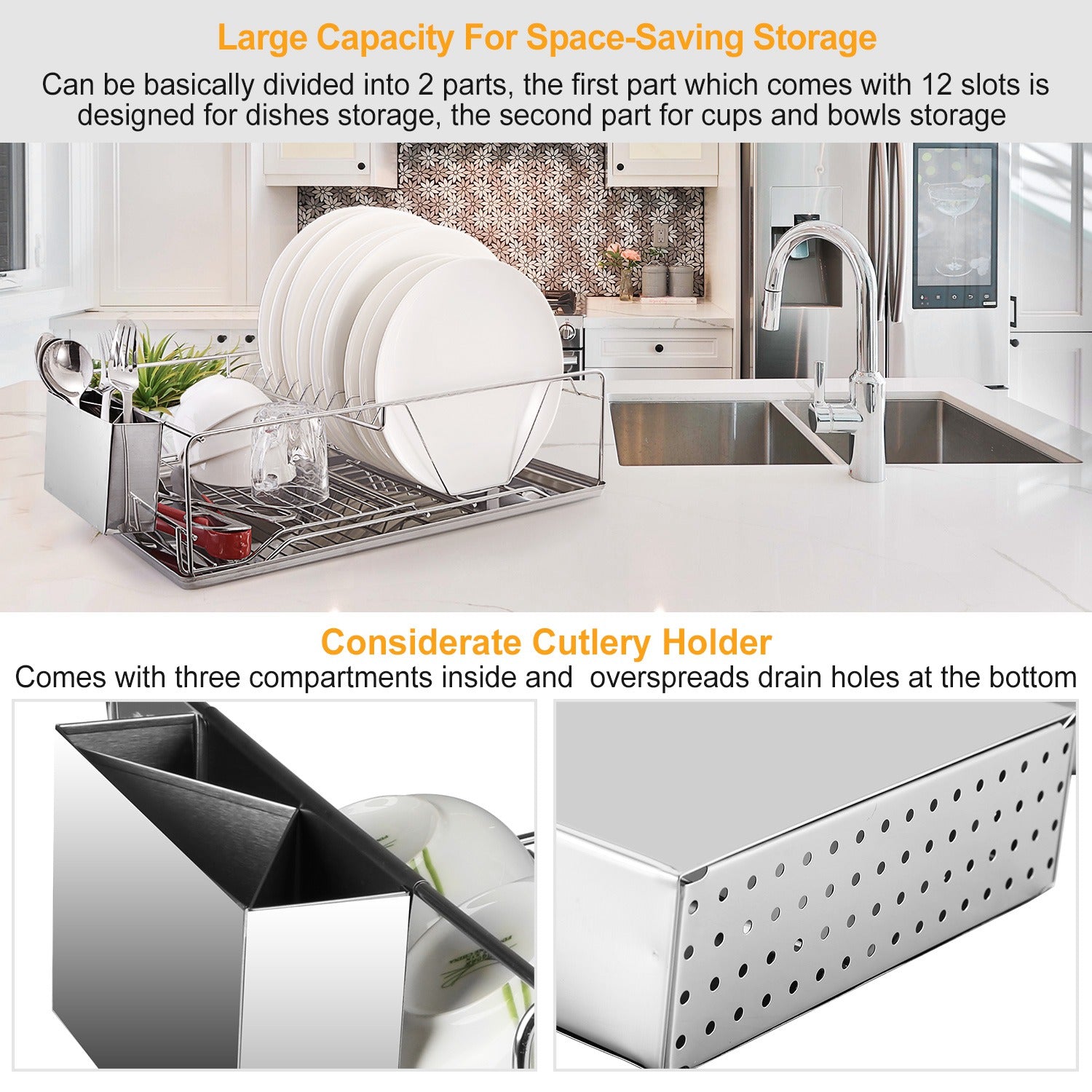 2 Size Optional Dish Drying Rack Stainless Steel Dish Rack With Drainboard Cutlery Holder Kitchen Dish Organizer