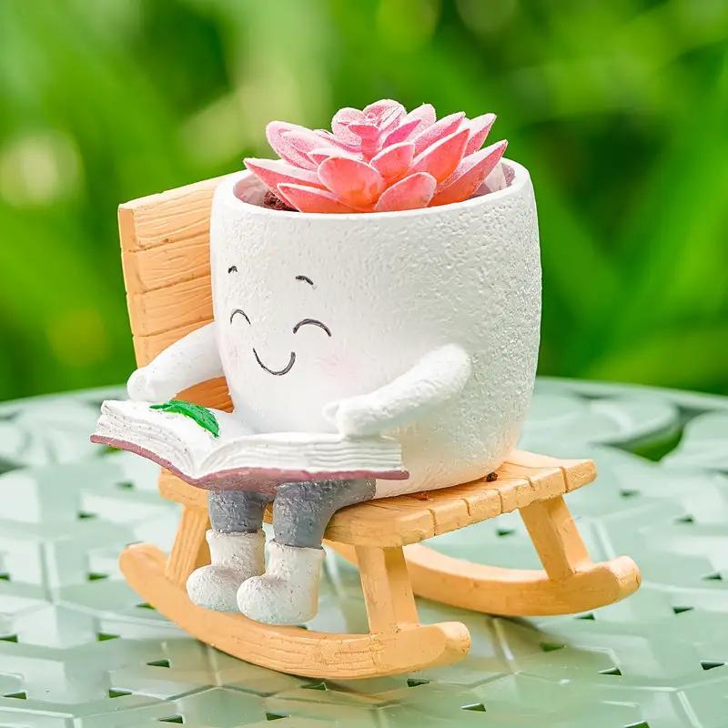 2 Pieces Of Cute Character Reading Rocking Chair Resin Flower Pots Indoor And Outdoor Plant Decoration Vase Home Flower Gift