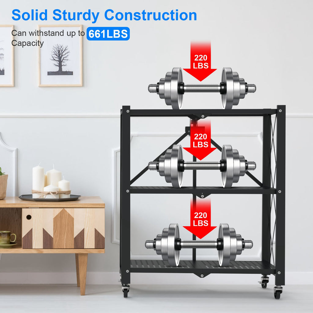 1Pc 3Tier Foldable Storage Shelf With Lockable Wheels No Assembly Rolling Utility Shelf Heavy Duty Collapsible Organizer Rack For Kitchen Living Room Basement Pantry Bedroom
