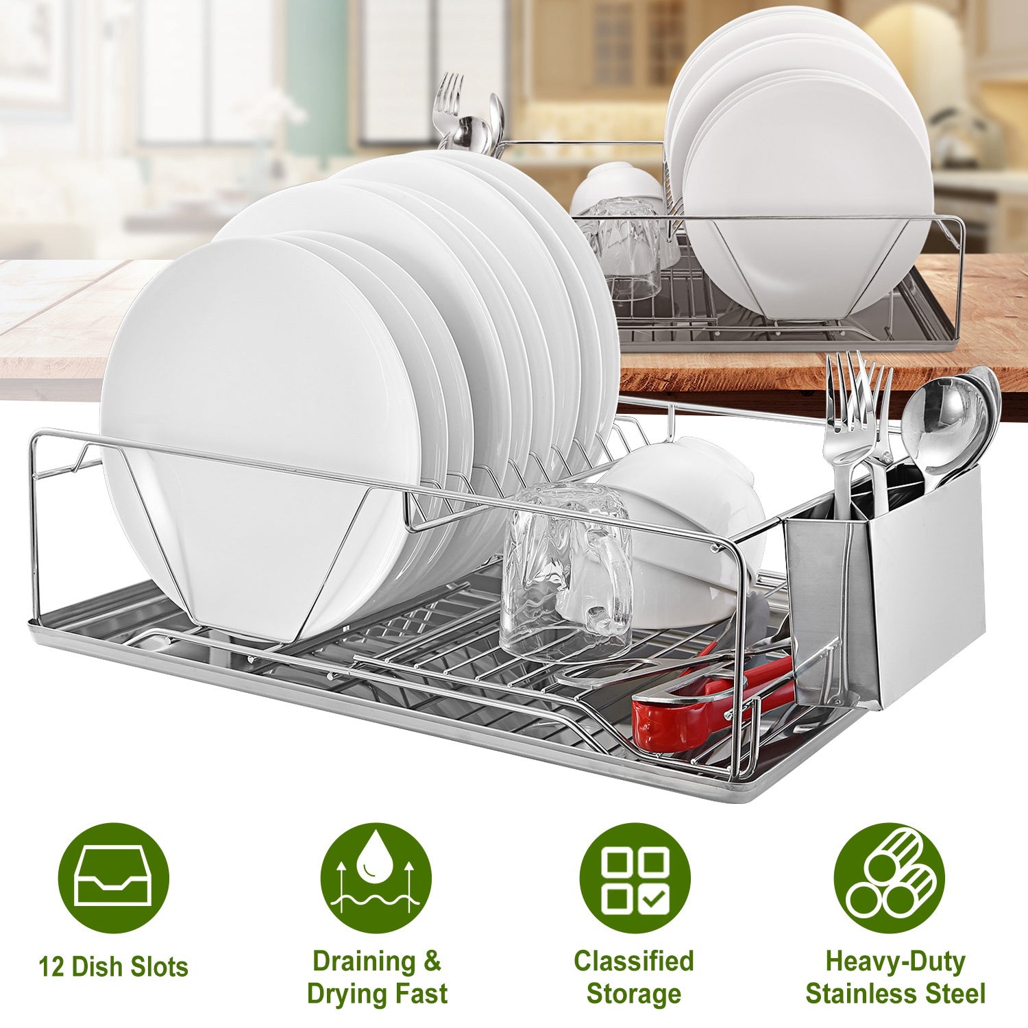 2 Size Optional Dish Drying Rack Stainless Steel Dish Rack With Drainboard Cutlery Holder Kitchen Dish Organizer