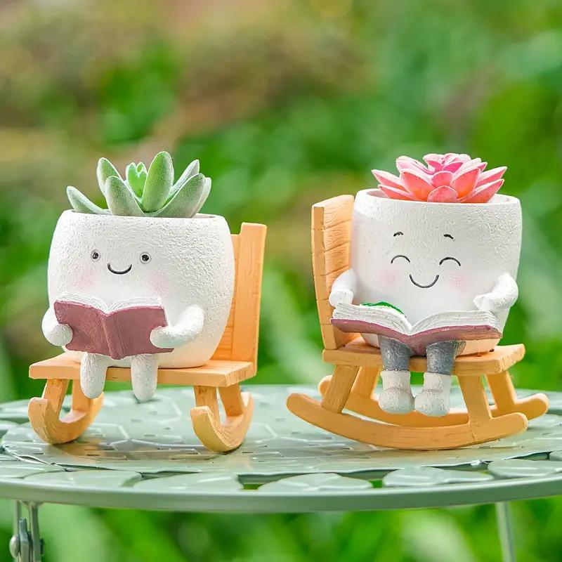 2 Pieces Of Cute Character Reading Rocking Chair Resin Flower Pots Indoor And Outdoor Plant Decoration Vase Home Flower Gift