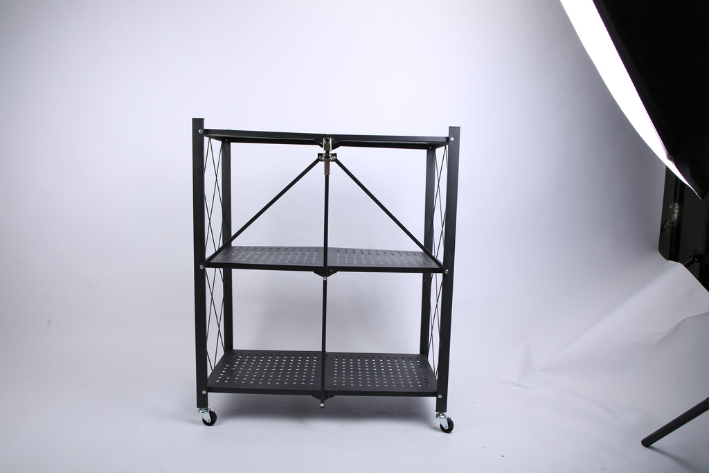 1Pc 3Tier Foldable Storage Shelf With Lockable Wheels No Assembly Rolling Utility Shelf Heavy Duty Collapsible Organizer Rack For Kitchen Living Room Basement Pantry Bedroom