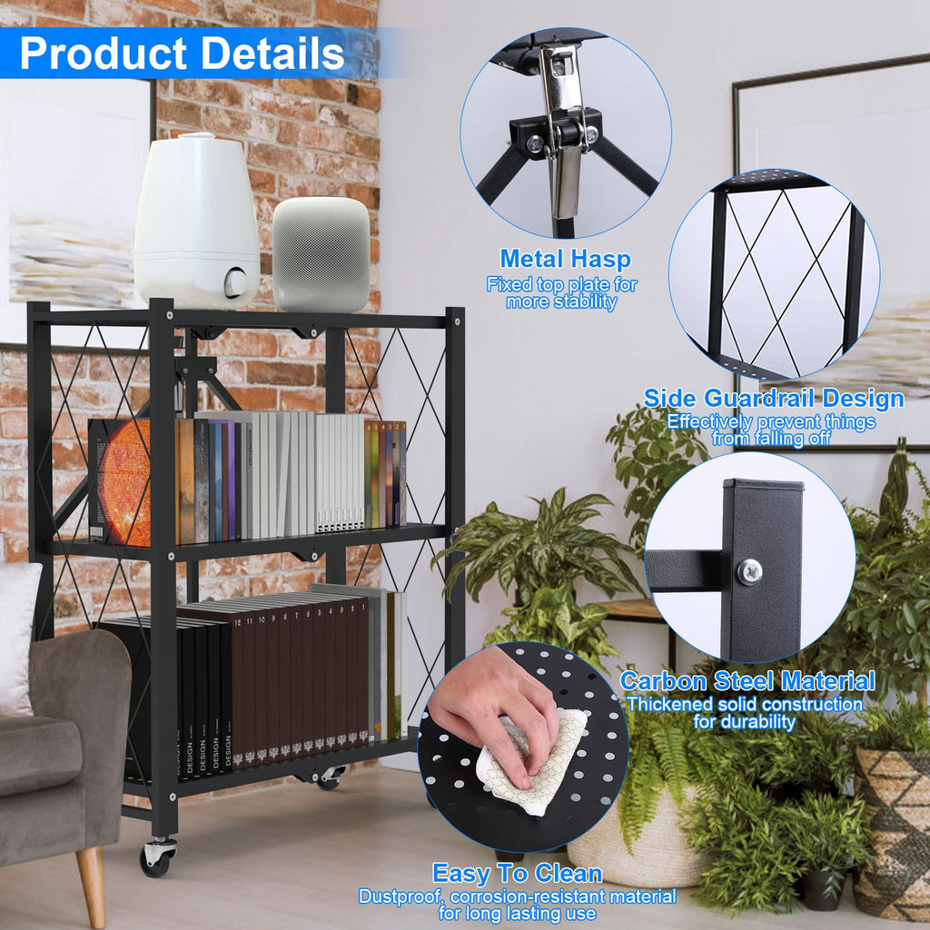 1Pc 3Tier Foldable Storage Shelf With Lockable Wheels No Assembly Rolling Utility Shelf Heavy Duty Collapsible Organizer Rack For Kitchen Living Room Basement Pantry Bedroom