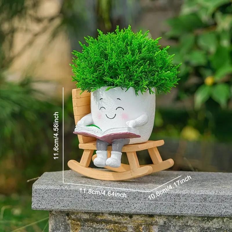 2 Pieces Of Cute Character Reading Rocking Chair Resin Flower Pots Indoor And Outdoor Plant Decoration Vase Home Flower Gift
